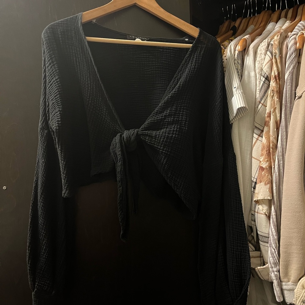 Waffle knit front tie blouse
